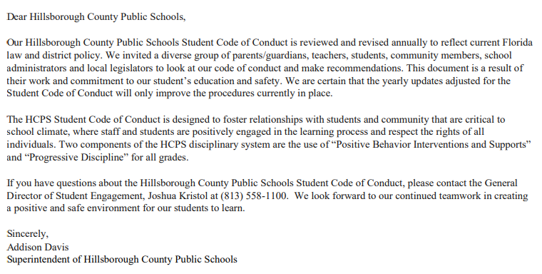 Letter from Superintendent Davis